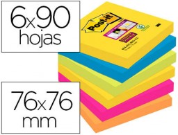 6 blocs de 90 notas adhesivas quita y pon Post-it Super Sticky 76x76mm. colores surtidos